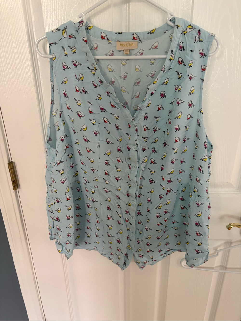 ModCloth Sky Blue Sleeveless Bird Print Button-Front Top - 3X